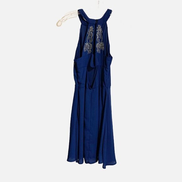 Embellished Blue Halter Knit Lined Sleeveless Keyhole back Midi Dress. Size XS - Picture 2 of 9